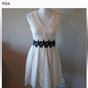Alya (Medium) Retro Feminine Cream Lace Mini Dress with Black Floral Detail